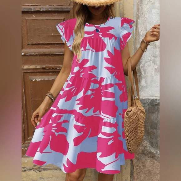 Adorable Tropical Dress China XL mumu tiered summer Flowy pink - Picture 1 of 7